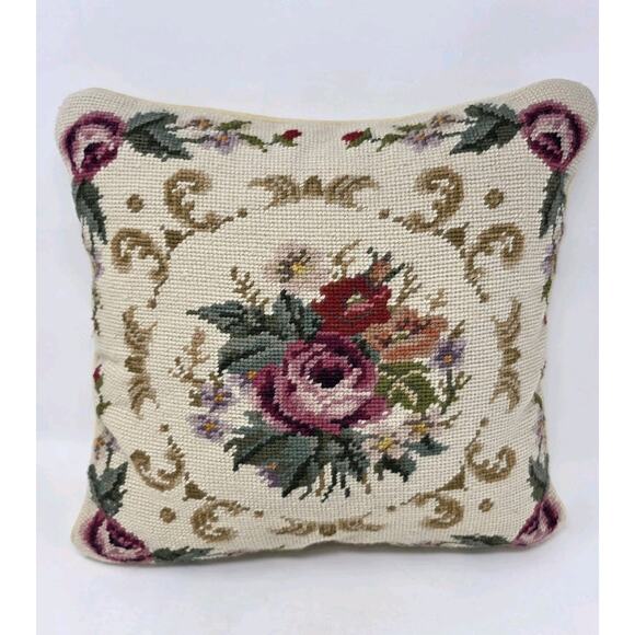 VTG Floral Needlepoint Pillow Velvet Back 14x14 Cottagecore Bouquet Grandma - Picture 1 of 4